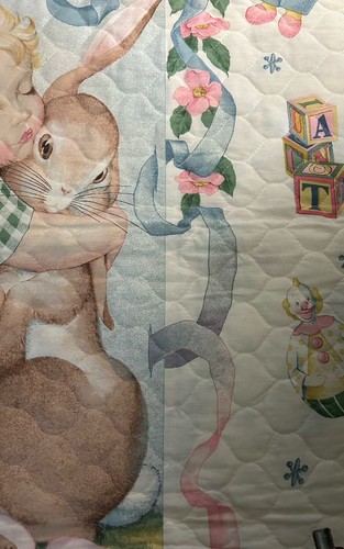 Vtg 35”X 45" Baby Quilt Blanket (2 sided) Satin edges-Baby & Bunny & Old Toys - Picture 21 of 21