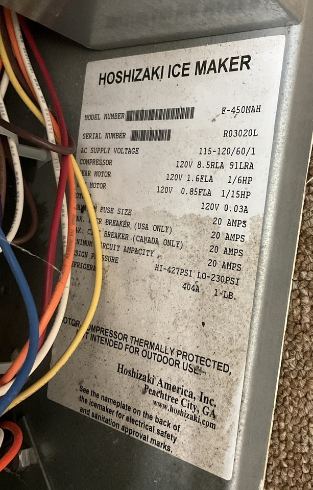 Hoshizaki Ice Maker Model F450MAH No Storage Bin eBay