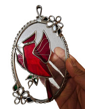 vtg stained glass suncatcher Red Cardinal Window Wall hanging decor flower-heavy