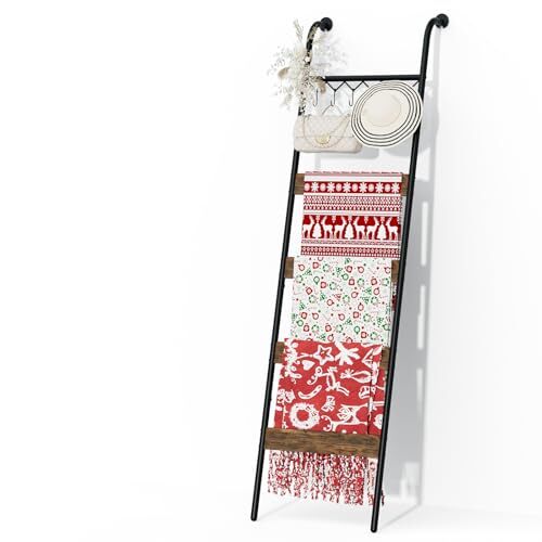 Blanket Ladder Towel Rack - 5-Tier Blanket Rack with 6 Removable Hooks, Brown