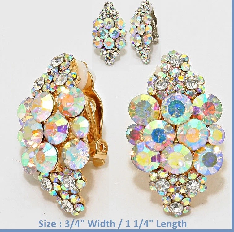 Clip On Earrings Crystal Rhinestone Cocktail Prom Bubble Flower