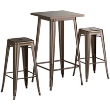 24" Square Copper Metal Restaurant Bar Table Set with 2 Backless Barstools