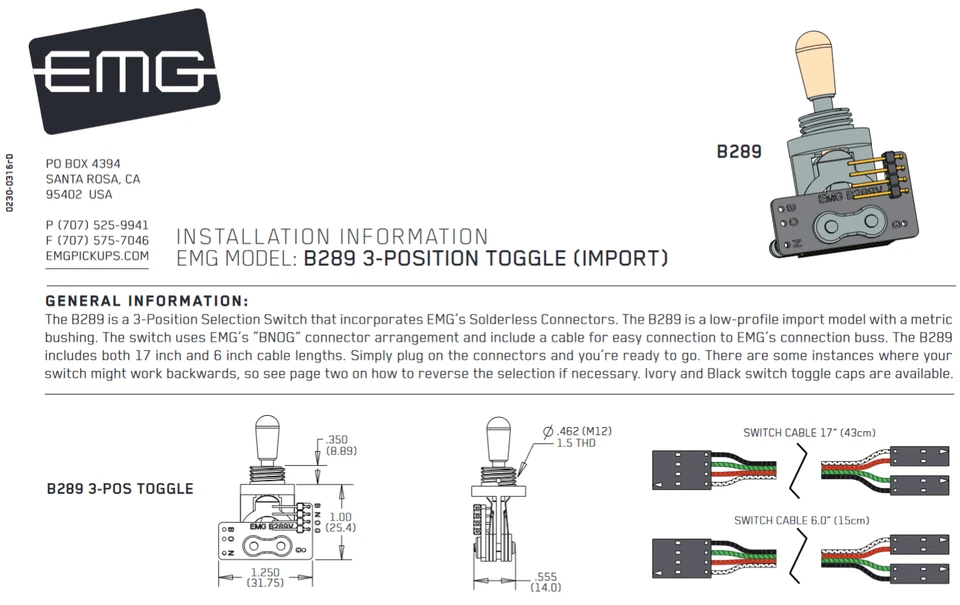 Kit de conversión EMG sin soldadura 1-2 pastillas activas ollas largas y palanca B289 marfil Foto 4 de 4