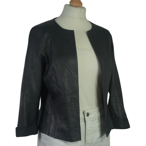 BEYMEN STUDIO Short Leather Jacket Black Collarless 3/4 Sleeve Bolero Size EU 40 - Picture 2 of 11