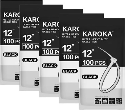 Karoka 12 inch Heavy Duty Black Zip Ties - 120lbs Tensile Strength - 500 Pieces