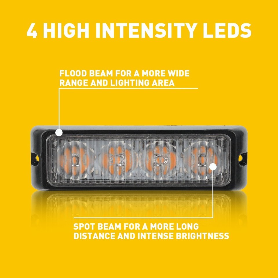 Amber 4 LED Flashing Strobe Beacon Light Kit For Tow Car Truck Trailer