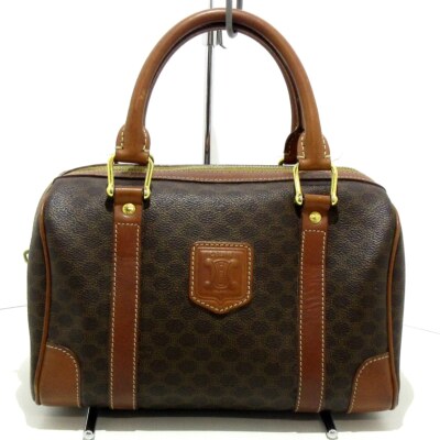 Auth CELINE Macadam Dark Brown Beige Brown PVC Leather Handbag