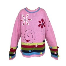 HANNA ANDERSSON Rolled Down Sweater Pom Poms Flowers Stripes Size 140 US 9-10