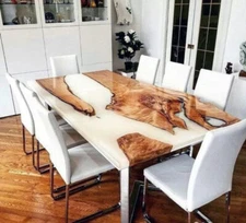 "White Epoxy Wooden Center Table Top – Epoxy Resin Dining Table for Home Decor"