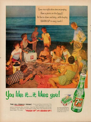 1954 7-Up 7 Up Soda Pop Beverage Vintage Print Ad Beach Picnic Family Fun USA
