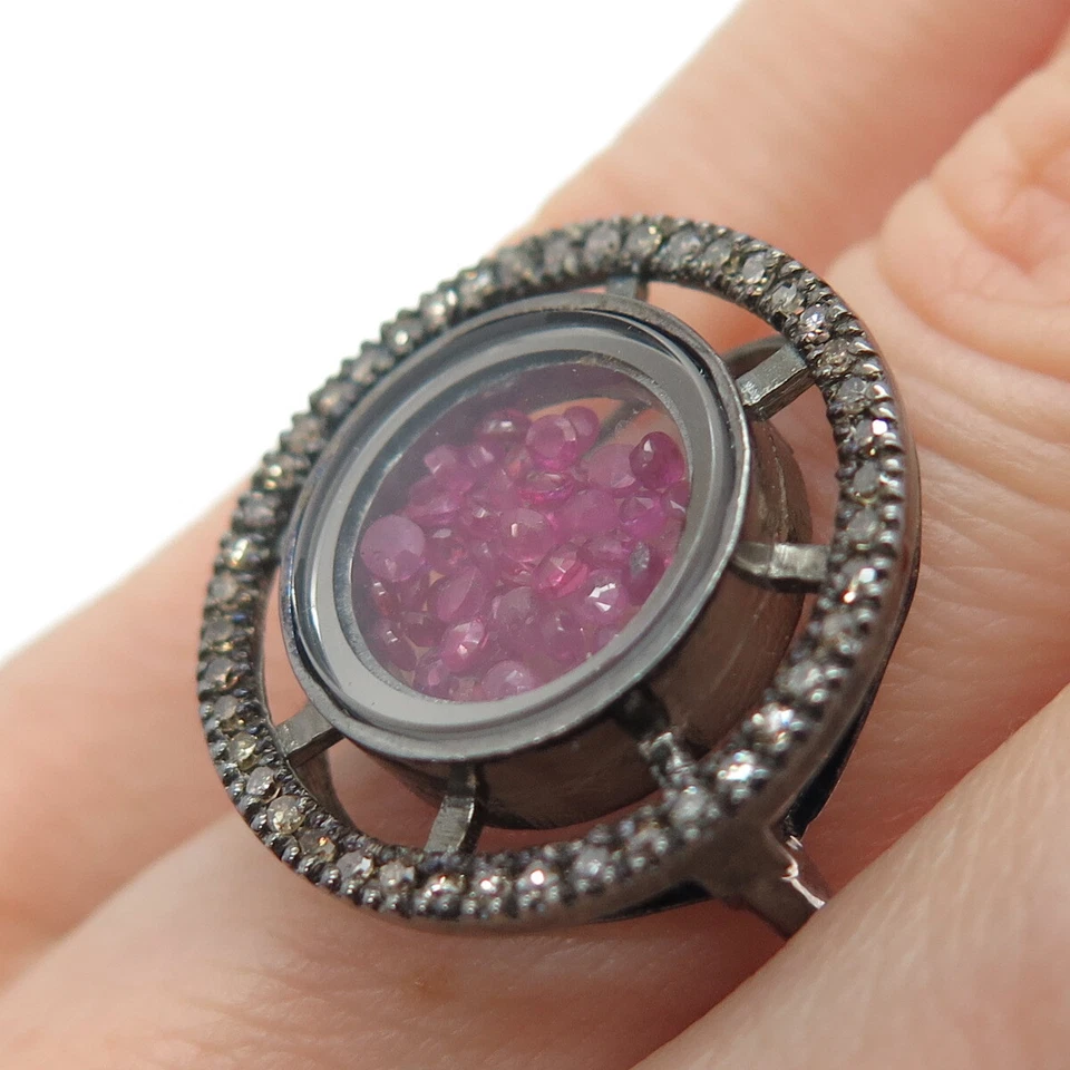 CAROL BRODIE MLD 纯银黑色铑香槟钻石和红宝石戒指 尺寸 6.25 — 第 2/4 张图片