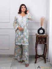 Blue Mulmul Cotton Chikankari Kurta Garara Set Lucknow Chikankari Handmade Set