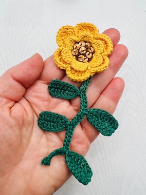 Vintage Häkel Sonnenblume Blumen Applikation Pailletten Mitte Boho Granny Style zum Aufnähen