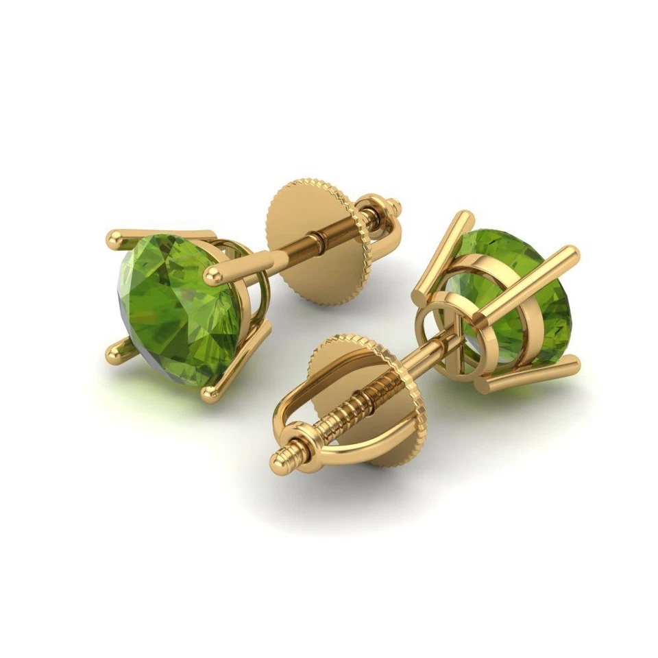 2.0 Round Cut Solitaire Classic Stud Natural Peridot Earrings 14k Yellow Gold - Image 2 of 4