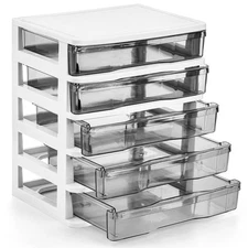 DEAYOU 5 Drawer Desktop Storage Bin Unit, Small Plastic Organizer, White Fram...