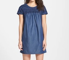 Lucky Brand Women's Blue Short Sleeve Embroidered Chambray Mini Dress 2XL EUC