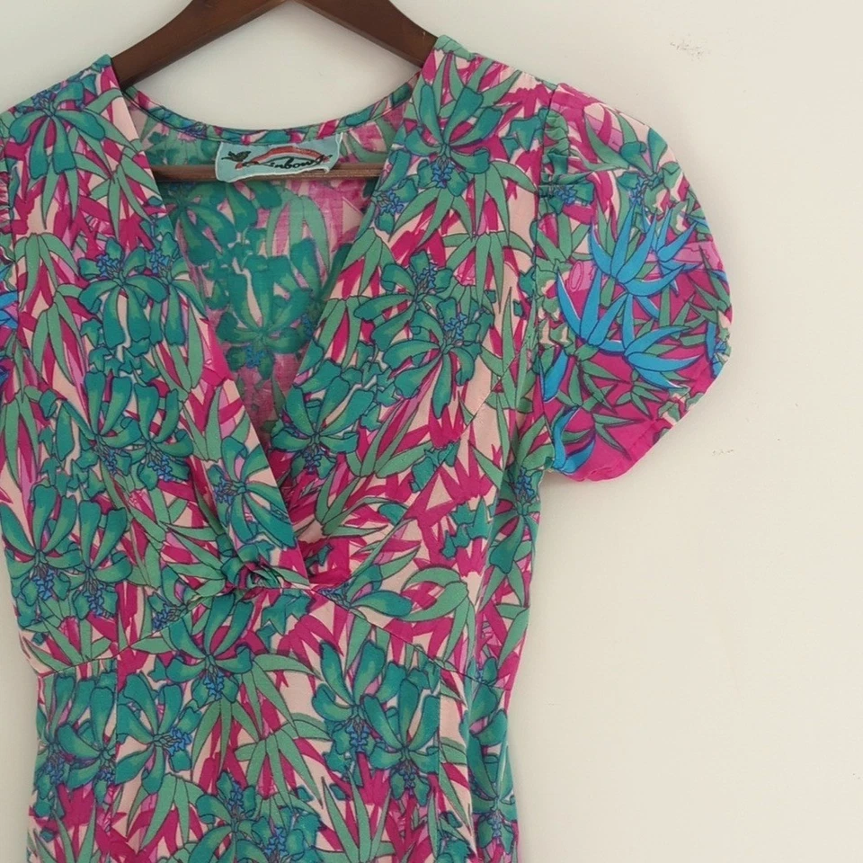 Vestido Floral Arco Iris Jo Hawaii Ajuste y Acampanado Maxi Vestido Floral Rosa y Verde S Foto 3 de 4