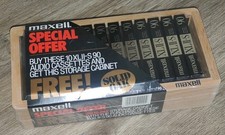 VINTAGE 10 PACK MAXELL XLII 90 HIGH BIAS CASSETTE TAPES W/ SOLID OAK CABINET HTF