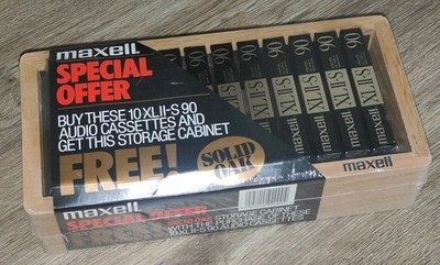 VINTAGE 10 PACK MAXELL XLII 90 HIGH BIAS CASSETTE TAPES W/ SOLID OAK CABINET HTF