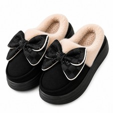 Womens Plush Bow Slippers Winter Warm Indoor House Shoes Suede Rubber Sole