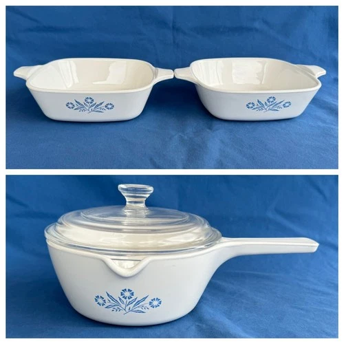 3X Vintage Corning Ware Glass Pyrex Lid P-39 P-41 Petite Pan Blue Cornflower