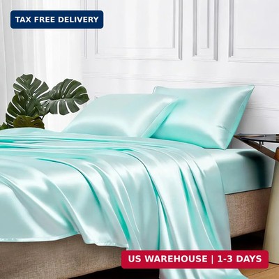 MR&HM Satin Bed Sheets, King Size Sheets Set, 4 Pcs Silky Bedding Set with 15 In