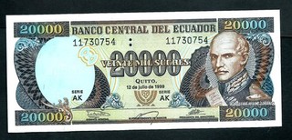 Ecuador (P129f) 20.000 Sucres 1999 UNC