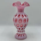 Vintage Fenton Cranberry Opalencent Coin Dot 8 1/2” Art Glass Vase EUC /cb