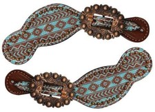 Showman Ladies Leather Spur Straps w/ Teal and Brown Navajo Diamond Print