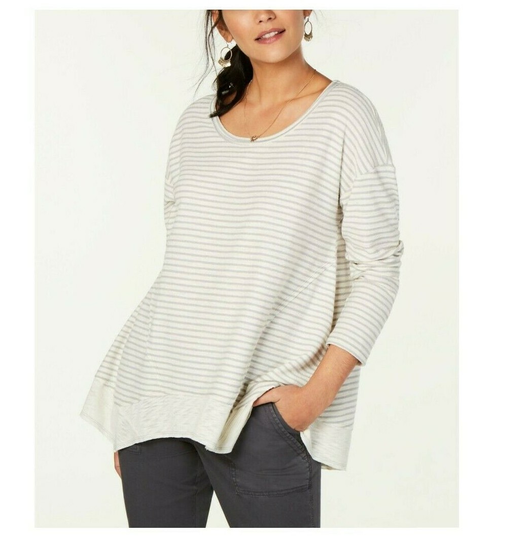 Style&CO Women Size Small Grey Striped Scoop Neck High Low Long SLV Rib Top NEW