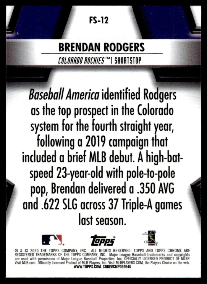 2020 Topps Chrome Future Stars Brendan Rodgers R17 Colorado Rockies #FS-12 - Image 2 of 2