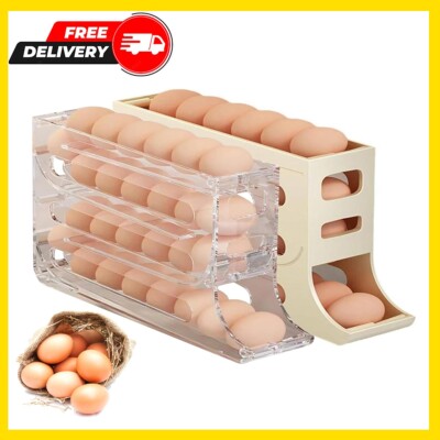 Auto Rolling Egg Holder Storage Rack 4-Tier Roll down Refrigerator Egg Dispenser