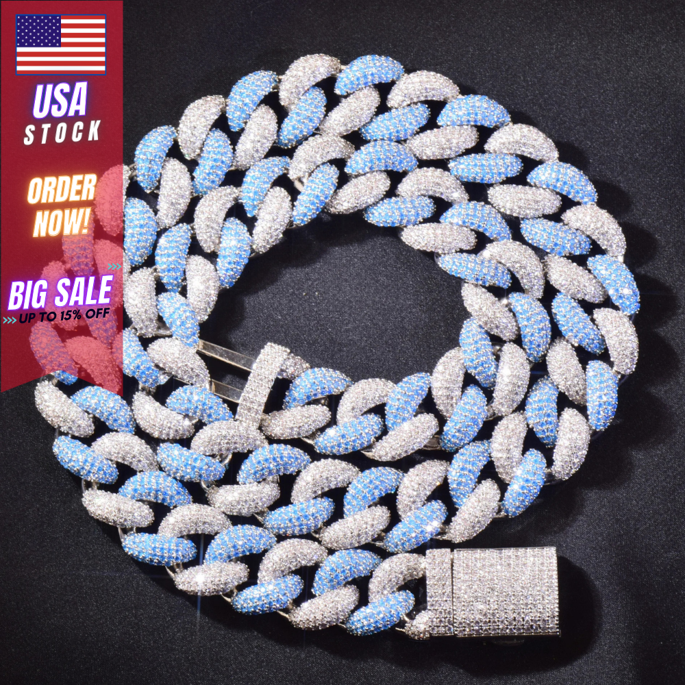 14mm Hip Hop Copper Men Iced Out Miami Cuban Link Chain Blue Zircon  Necklace New