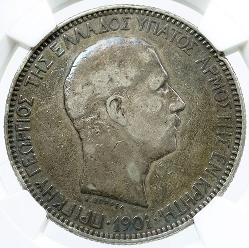 1901 CRETE under GREECE KING GEORGE I 0.72oz SILVER 5 Drachmai Coin NGC i117858