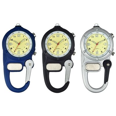 Clip On Watch FOB Buckle Carabiner Outdoor Luminous LED Flashlight Quartz Analog