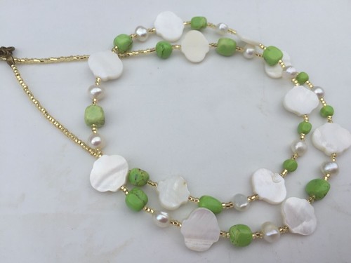 Handmade Necklace of Green Chalk Turquoise, Freshwater Pearl and MOP Shell Beads - Picture 3 of 5
