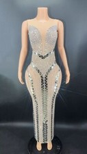 Silver Rhinestones Transparent Long Dress Prom Birthday Outfit Women Dance Show