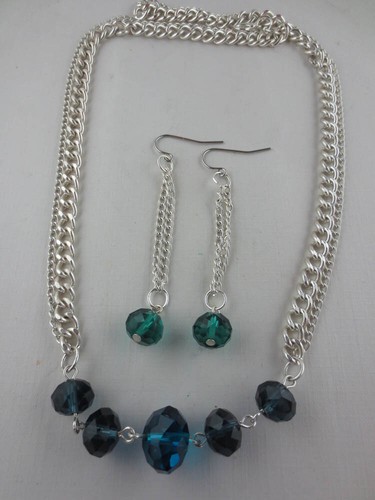 Silver Plated Faceted Blue/Teal/Green Glass Bead Necklace Dangling Earrings N1