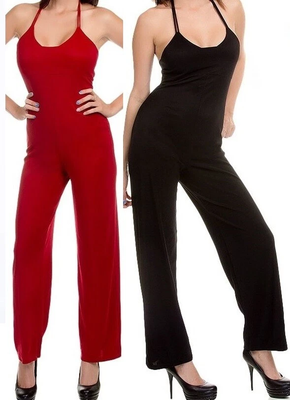 Red or Black Strappy Back Cami/Long Romper/Jumper/Cat Suit S M L | eBay