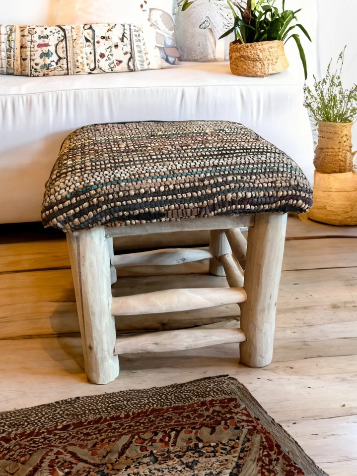 Mango Wood Stool Handmade Solid Hemp Leather Natural Brown Multi Colour Seat - Image 2 of 4