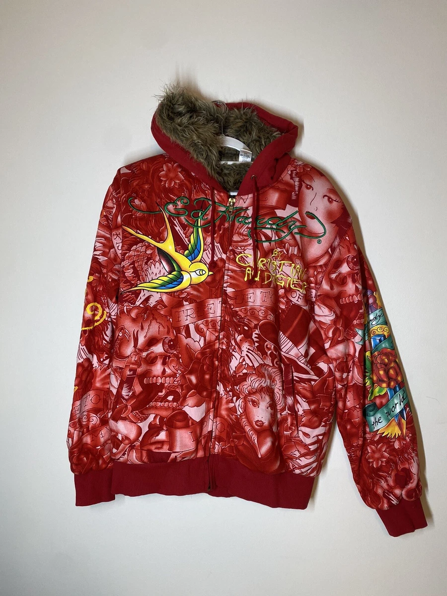 Vintage Ed Hardy Christian Audigier Red Hoodie Faux Fur Lined Rare Tiger SZ  XXL | eBay