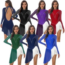 Womens Bodysuit Swing Dress Hem Leotard Ballet Rhinestone Skirt Ice Skating
