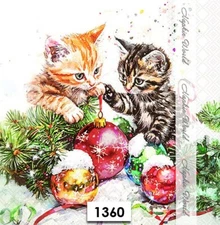 (1360) TWO Paper LUNCHEON Decoupage Art Craft Napkins - TWO CHRISTMAS KITTENS