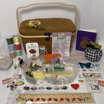 Prym Sewing Basket Brown Suede Notions Pin Cushion removable tray 203