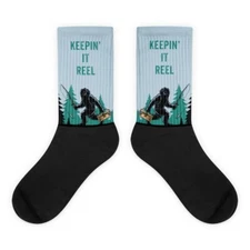 Fishing Keepin’ It Reel Bigfoot Funny Socks, Unique Sasquatch Gift, Unisex XL