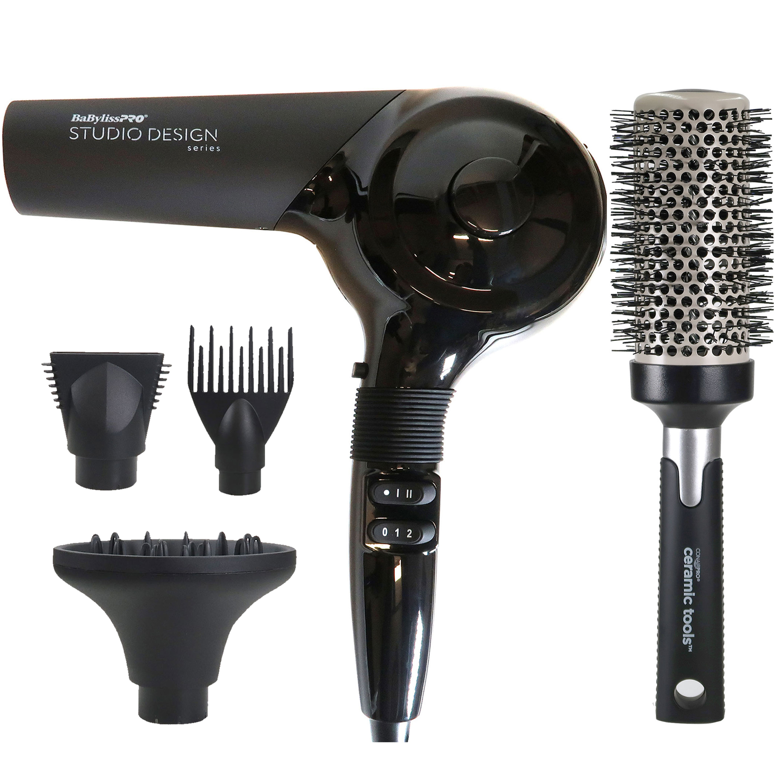 Сенсорный фен для волос серии BaByliss Pro Studio Design BCI800UC и круглая щетка 2½