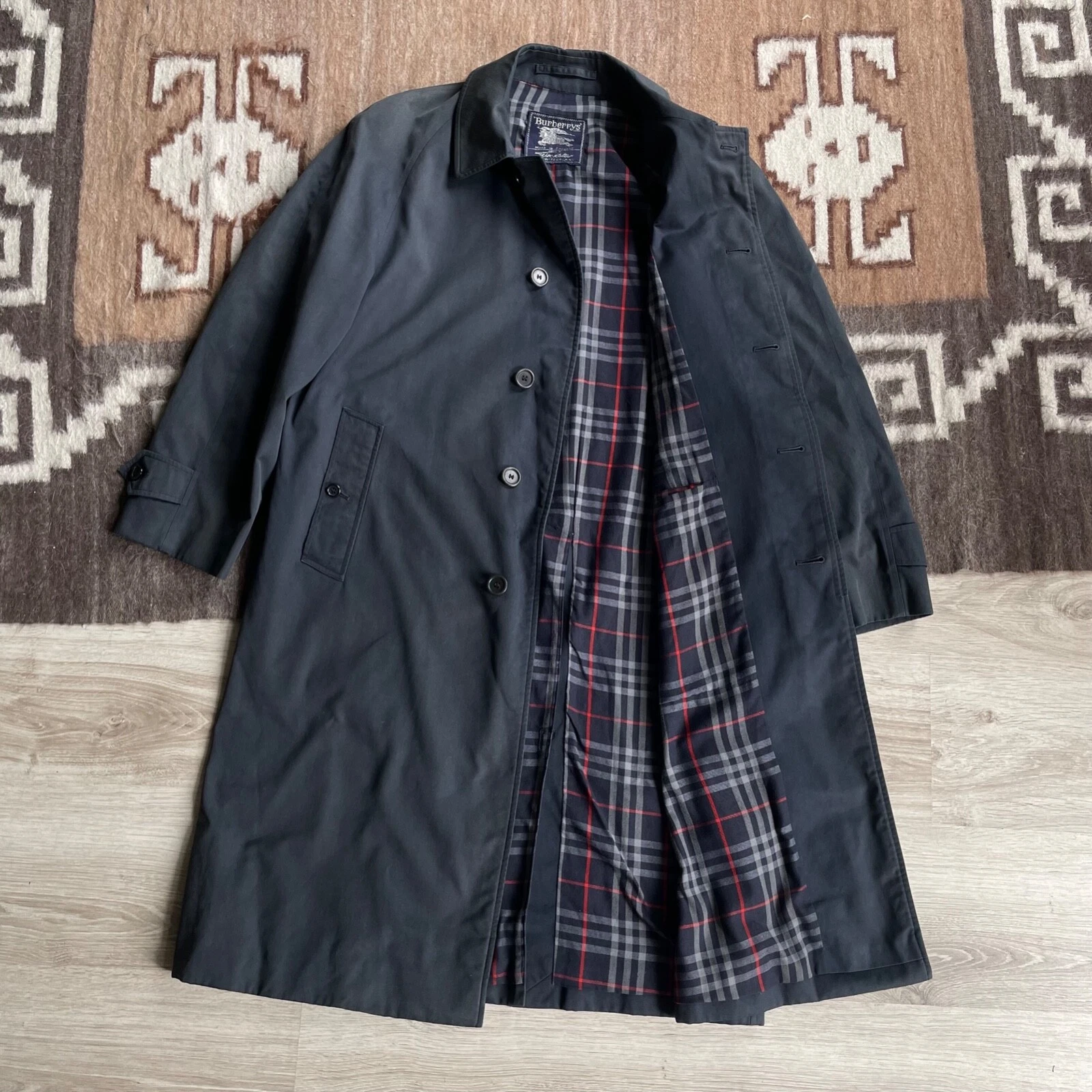 Burberrys Trench Cappotto Uomo Vintage Blu Nova Fodera a Quadri Taglia L