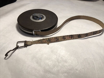 VINTAGE OLD TAPE MEASURE METAL LEATHER ROULETTE HOOK CLOTH