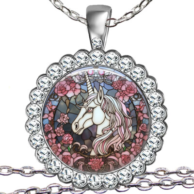 Unicorn Necklace Faux Stained Glass Art Print Pink Boho Flowers Crystals