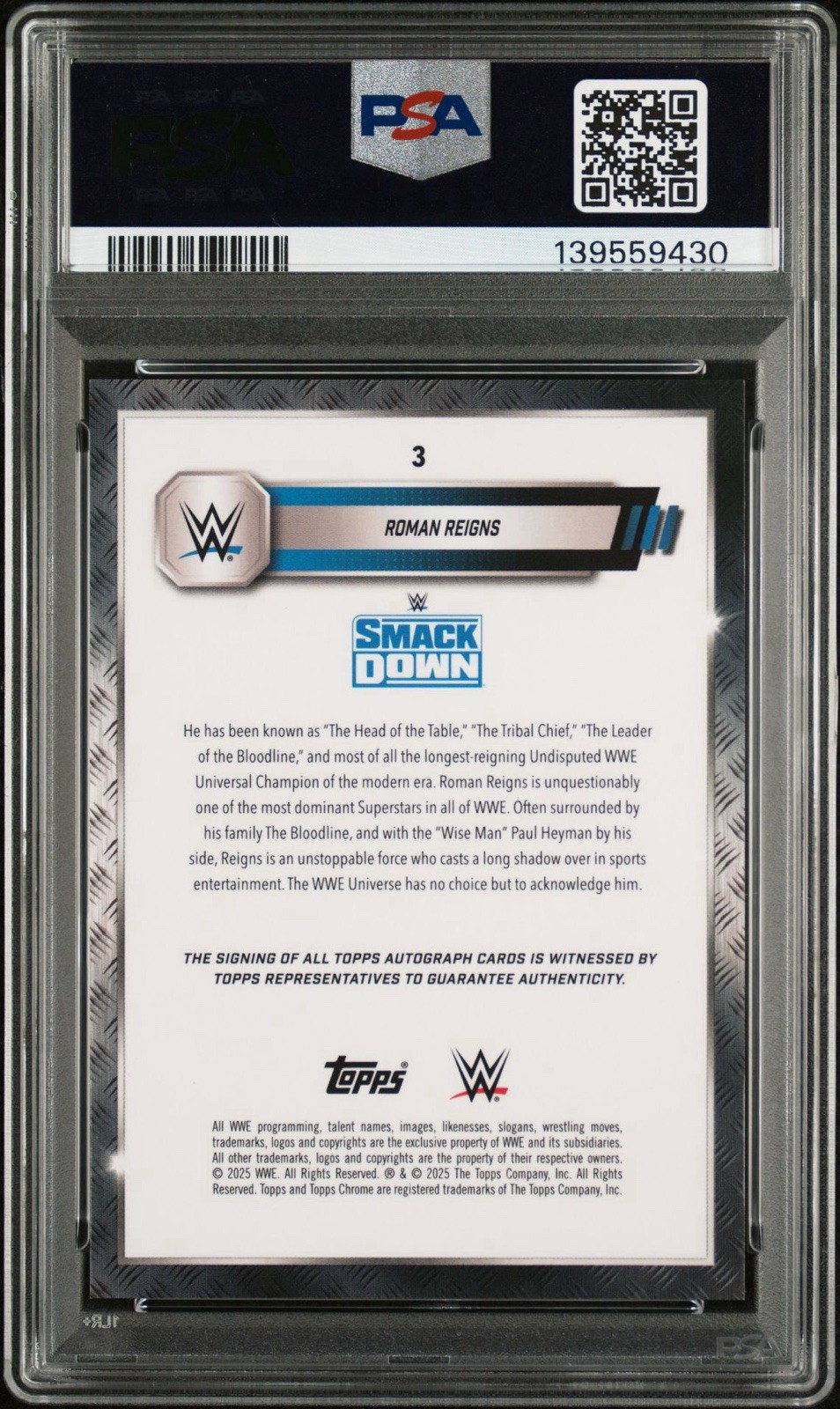2025 Topps Chrome WWE - Autographs Roman Reigns Orange Refractor /25 (AU) PSA 10 view 2